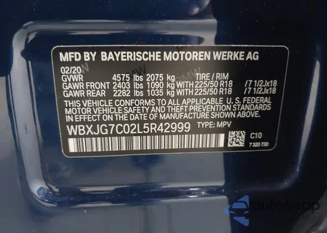 2020 BMW X1 Sdrive28I из США, поврежденный, VIN WBXJG7C02L5R42999